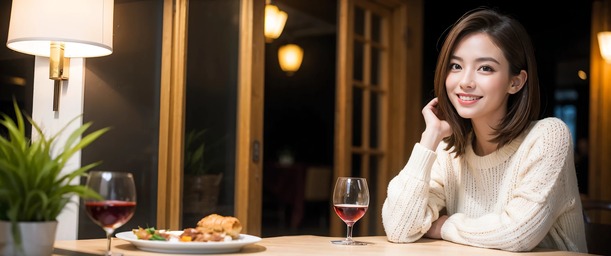 ((highest quality、8k、masterpiece:1.3))、1 male 1 female、Couple、lover、Couple、slimなボディ、((Bob Hale、Straight hair:1.2))、(Realistic, Intricate details:1.2), テーブルにwine glass、Put the light on your face、 Amazing view of the sunset sky and clouds、Amazing mountain views、ニコニコ明るいsmile、smileの素敵な女性、Bright image、2. The beauty of wine, Beautiful Face, blue eyes, The light shines on your face, Blushing, short hair,Bright Face、Fox face、 (40 years old), 39 years old, Lady、red wine 、Appetizers、Italian food、Wine bottle、Champagne、sparkling wine、Two beauties、Brown Hair、Shortcuts、Long sleeve shirt、dress、Pretty Woman 1, (slimな顔), (The body is slim), (Brown Hair), (Shortcuts), cheeks turn a little red,Attractive beauty、, Out of the window, A beautiful and detailed night view unfolds.........., restaurant, In a prominent place (From the waist up) Nova Frog Style, actress, model, Upper Body, White wine, slim, wine glass, 真ん中に置かれたwine glass, smile, (smile: 1.15), Beautiful fine grain, Depth f/2,saturation, High Contrast, Strong light and shadow,Moist Body:1.5、3D texture、Delicate eyes、Brown Hair、The hair is very shiny、