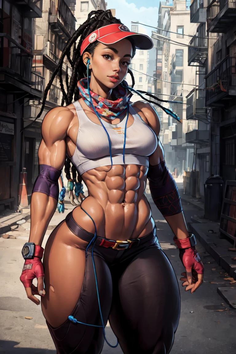 masterpiece,best quality,extreme detail,8k,kimberly2,1girl,solo,long hair,breasts,black hair,gloves,hat,navel,brown eyes,midriff,pants,dark skin,fingerless gloves,dark-skinned female,lips,crop top,street background,toned,sports bra,cable,earphones,very dark skin,earbuds,dreadlocks,(cowboy_shot),(upper_body), (muscular, thick thighs:1.4)