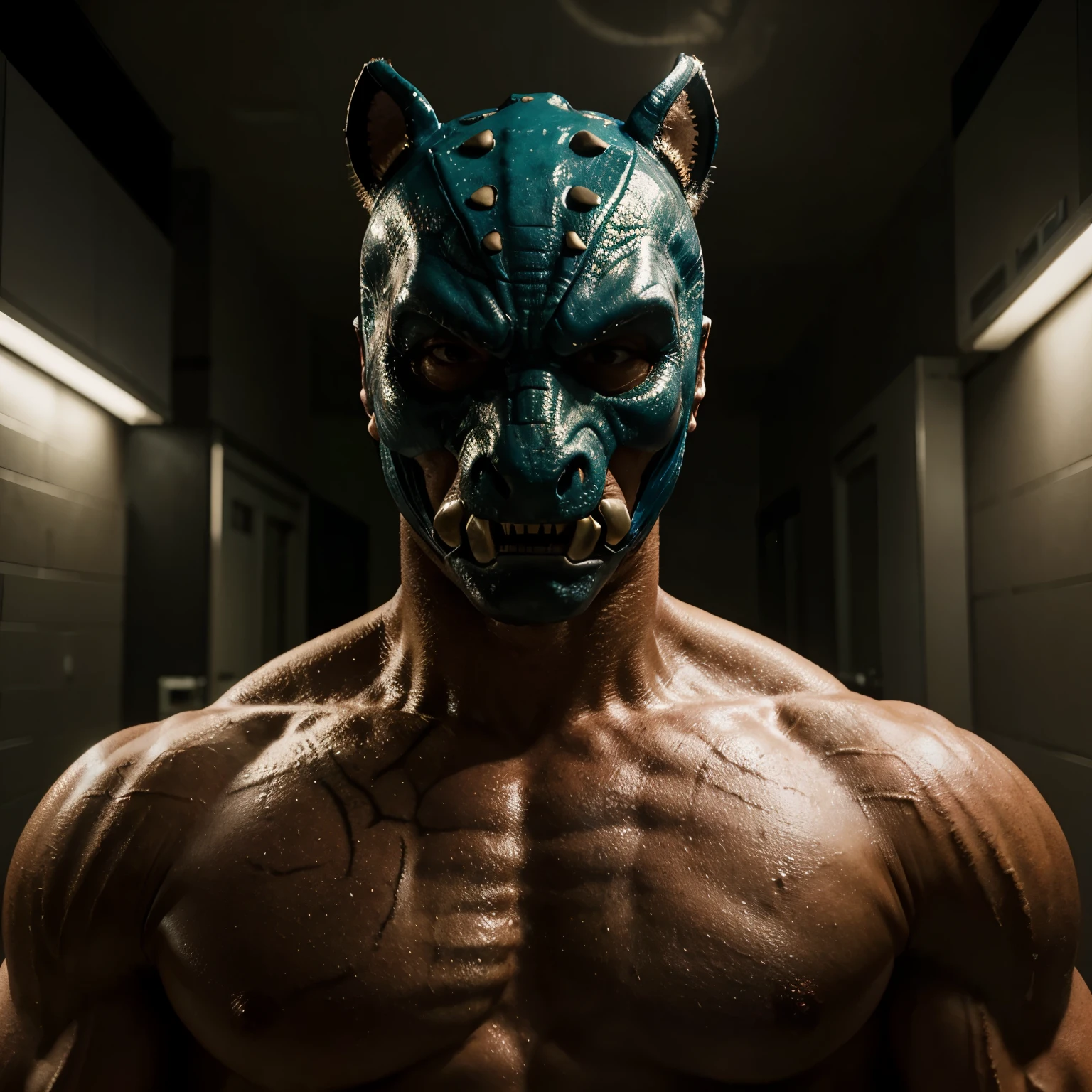 Create an image of a strong, muscular man wearing a dinosaur mask. A cena deve ser sombria e misteriosa, with lighting that highlights the man's muscles and the dinosaur mask. O fundo deve ser obscuro, com sombras profundas e uma atmosfera sinistra, para dar o tom dark desejado."