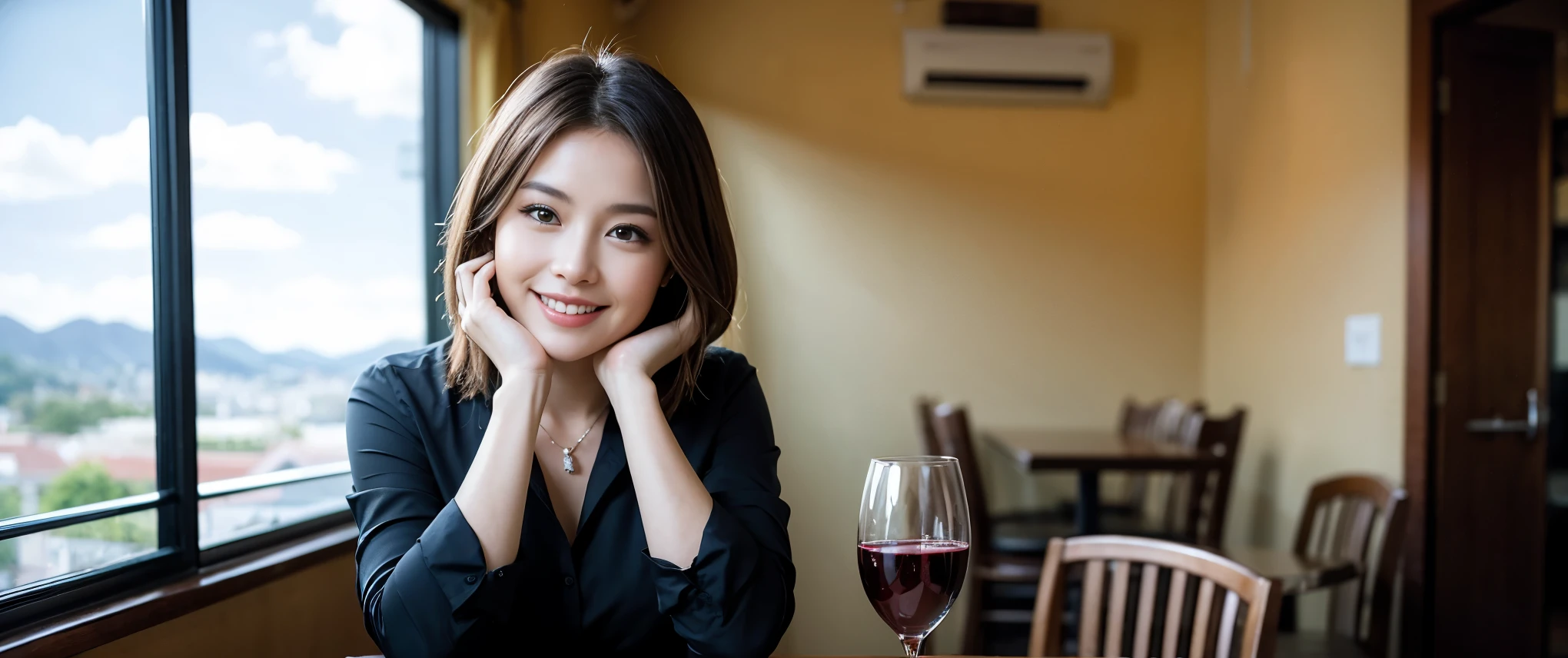 ((highest quality、8k、masterpiece:1.3))、1 male 1 female、Couple、lover、Couple、slimなボディ、((Bob Hale、Straight hair:1.2))、(Realistic, Intricate details:1.2), テーブルにwine glass、Put the light on your face、 Amazing view of the sunset sky and clouds、Amazing mountain views、ニコニコ明るいsmile、smileの素敵な女性、Bright image、2. The beauty of wine, Beautiful Face, blue eyes, The light shines on your face, Blushing, short hair,Bright Face、Fox face、 (40 years old), 39 years old, Lady、red wine 、Appetizers、Italian food、Wine bottle、Champagne、sparkling wine、Two beauties、Brown Hair、Shortcuts、Long sleeve shirt、dress、Pretty Woman 1, (slimな顔), (The body is slim), (Brown Hair), (Shortcuts), cheeks turn a little red,Attractive beauty、, Out of the window, A beautiful and detailed night view unfolds.........., restaurant, In a prominent place (From the waist up) Nova Frog Style, actress, model, Upper Body, White wine, slim, wine glass, 真ん中に置かれたwine glass, smile, (smile: 1.15), Beautiful fine grain, Depth f/2,saturation, High Contrast, Strong light and shadow,Moist Body:1.5、3D texture、Delicate eyes、Brown Hair、The hair is very shiny、