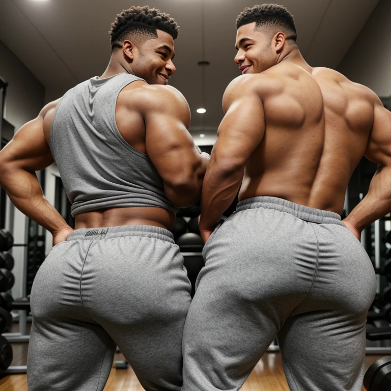 Two male college football players, muscular, jocks, at the gym, athletic, shirtless, dark brown hair, wearing grey sweatpants, big butt, huge ass, curvy men, comically massive ass, bubblebutt, thick, thicc, thick ass, thick legs, thick thighs, huge butt cheeks, ass huge, showing butt to camera, smiling, looking back at camera, big booty, boy booty, men with huge butts, men in grey sweatpants, showing off ass, absolutely massive butt, enormous ass cheeks in grey sweatpants, full ass, round ass, juicy ass, expansive ass, tight sweatpants, filled sweatpants, perky fat butt cheeks, gay for each other, gay, homosexual