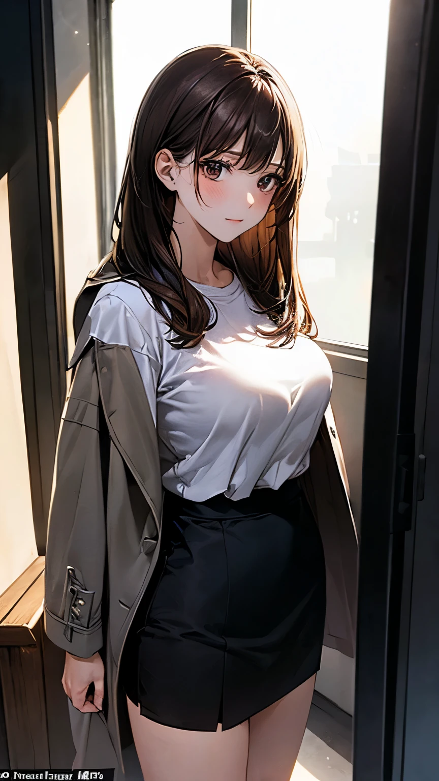 (masterpiece:1.2, Top quality), (Practical, photoPractical:1.4), Nice illustration, (Natural side light, light),
Looking at the audience, 1 girl, Perfect face, Perfect body, White shirt,Black coat,Black hip skirt,Perfect thighs,Sexy body,Show your thighs,Wearing hair,Brown hair,Big breasts,