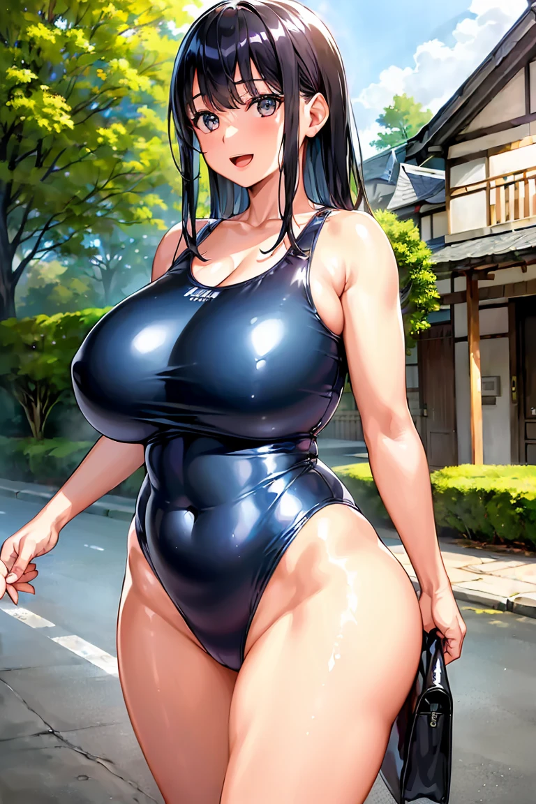 high resolution、Ultra HD、Best Quality、Top quality、Extremely detailed image quality、Realistic woman、A big smile、open mouth, (1girl:1.8)、(looking straight:1.8), Japanese、Peaceful face、45-year-old woman、Married Woman、Plump body、belly button、Black Hair、long、Shiny skin、Skin that is very shiny after applying oil、High gloss skin、Facing forward、The whole body is reflected、(The road in front of the house:1.6)、 standing、Woman wearing(one-piece swimsuit:1.5), (High leg swimsuit:1.2), High leg panties, (Bursting huge breasts、Valley、Shiny skin、radiant skin、Glowing Skin、High gloss skin:1.4)、(arms behind back, headphones, bag:1.2),
