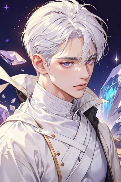 1 man, tranquility, age 35, face, short messy bangs, White hair, amethyst colored eyes, (white clothes, simple clothes), Close-up, medieval times, merchant.
