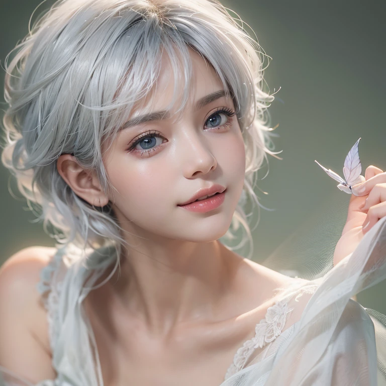 (masterpiece:1.3), (8k, Realistic, RAW Photos, Best image quality: 1.4), Fair-skinned fairy woman、short hair、Cleavage:2.0、Highly detailed face、Attention to detail、double eyelid、Sharp focus:1.2、Beautiful woman:1.4、Silvery white hair、highest quality、masterpiece、Ultra-high resolution、(Realistic:1.4)、Highly detailed and professionally lit smiles、Loose, Light,、 one person、whole body,　I eat breakfast:1.5