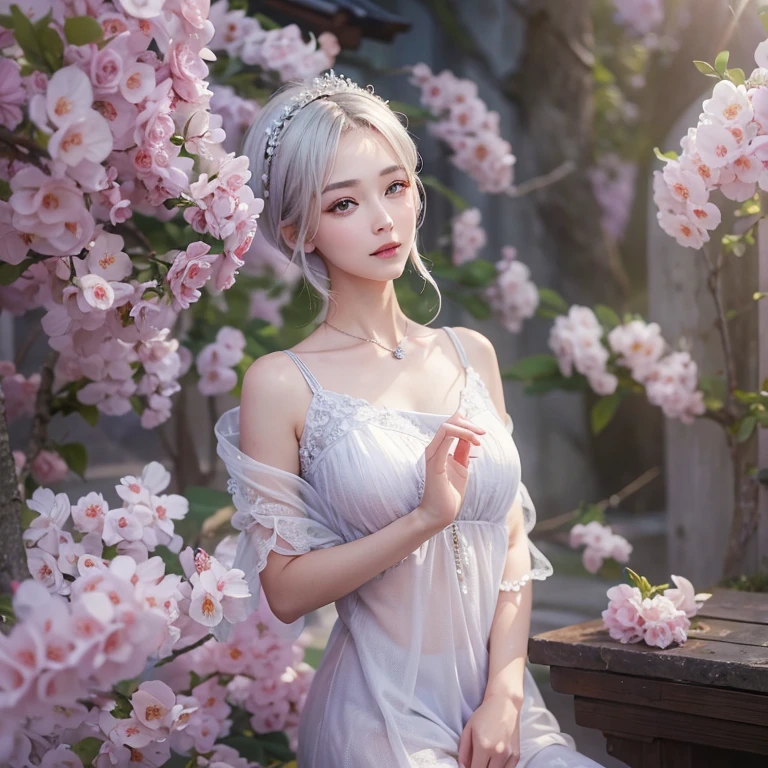 (masterpiece:1.3), (8k, Realistic, RAW Photos, Best image quality: 1.4), Fair-skinned fairy woman、short hair、Cleavage:2.0、Highly detailed face、Attention to detail、double eyelid、Sharp focus:1.2、Beautiful woman:1.4、Silvery white hair、highest quality、masterpiece、Ultra-high resolution、(Realistic:1.4)、Highly detailed and professionally lit smiles、Loose, Light,、 one person、whole body,　I eat breakfast:1.5
