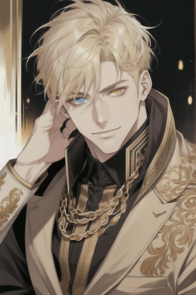 masterpiece, best quality, realistic, 1man, mature man, muscular tall, handsome, smile, closed mouth, portrait, extremely detailed face, (short hair), (golden hair), (heterochromia in eyes)