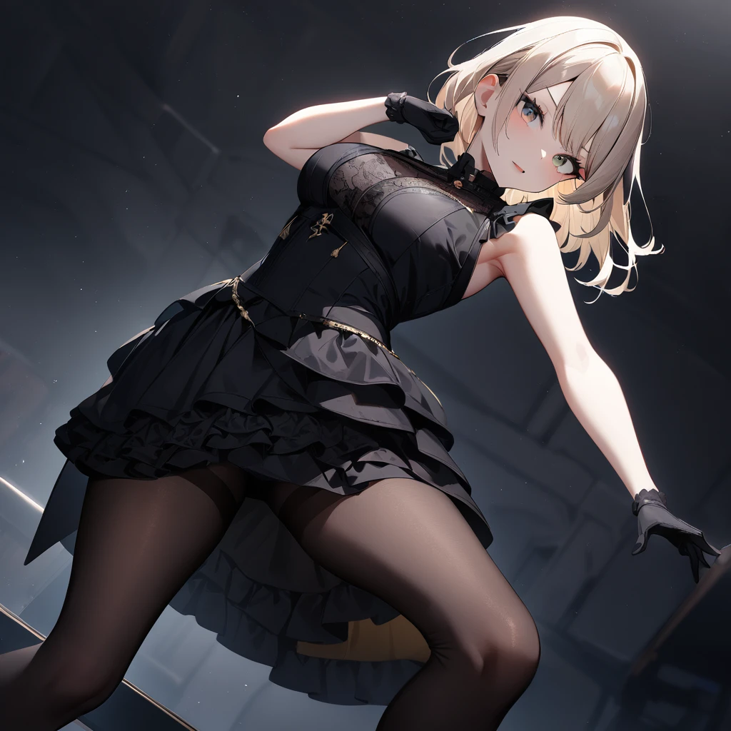 1 girl,best quality, very aesthetic,absurdres,looking at viewer,front view,Lovely lady,,skirt lift,high-grade,layer,westfrill,light hair,multilayer,blackcolor,trim,(side-Crisscross),breasts,upscale,Layered,yellow pale,blackglove,pantyhose,lovely,all black,Sleeveless,open stance,curtsey,impossible_clothes,half up,blouse,spread out,knee down