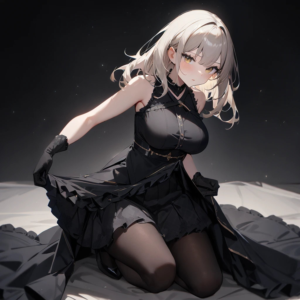 1Woman milf “"Giant breasts" + "large rear" + "wide hips" + " tiny waist" + "plump thighs" + "white eyes" + "Black eyeliner" + (("neutral expression")) + "medium short hair white color Hair" + "Red Lips" + "Lucious Lips"”)}, {“Outfit”: Black Gothic ta style dress, black shoes, gothic accessories, Gothic black makeup, Doll joints}).