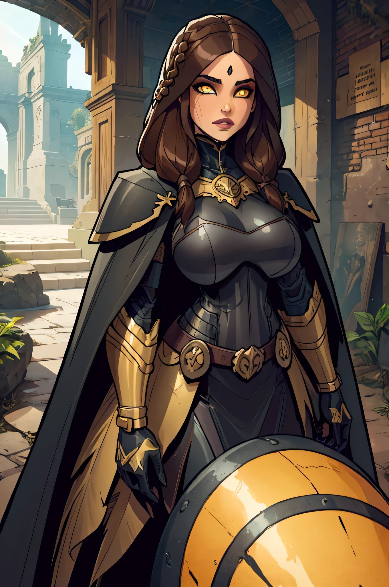 masterpiece, detailed eyes, busty, brown hair, fishtail braid, glowing yellow eyes, voluptuous, metal armour, black cape, black metal armor, pale skin, black veins