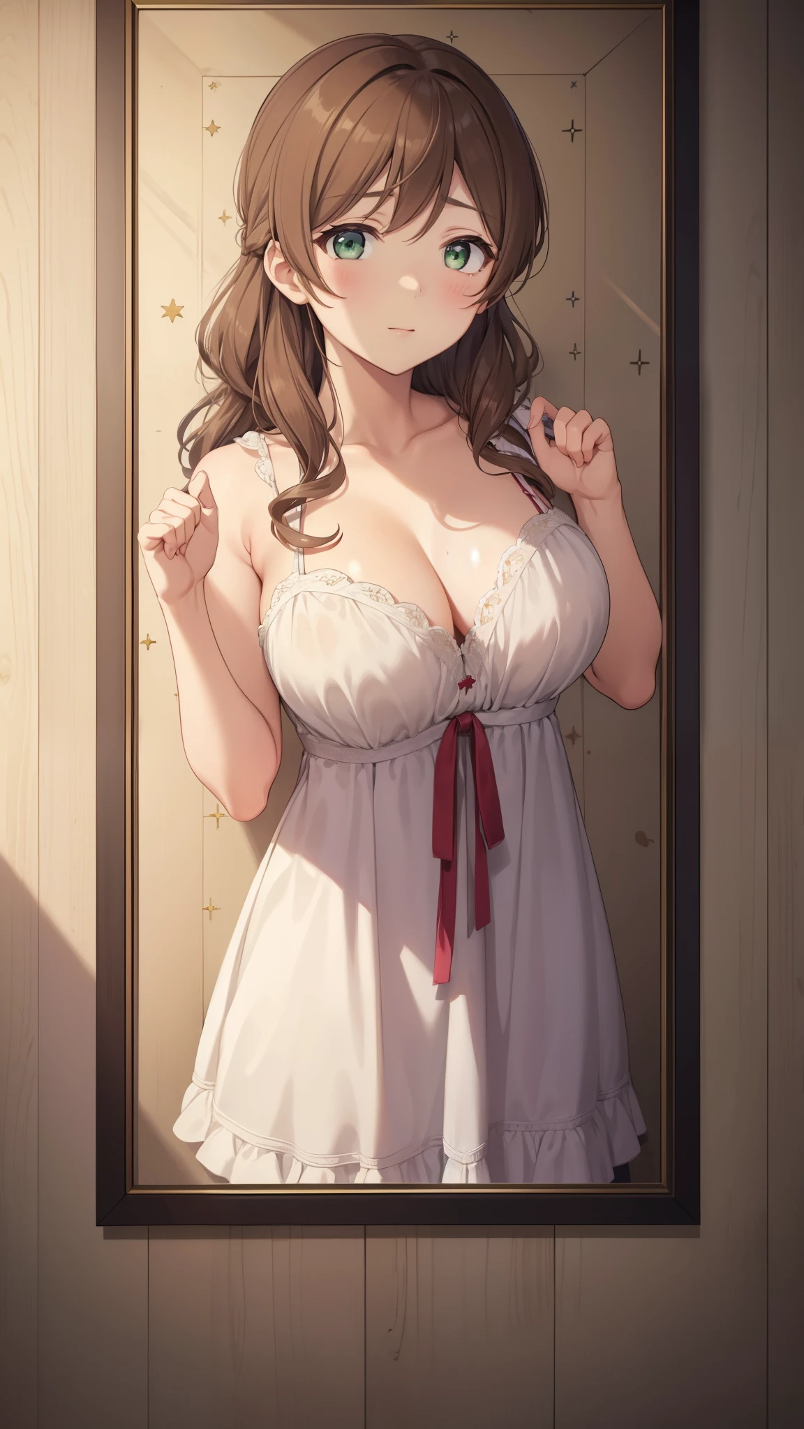 nozomitoujou, nozomi toujou, green eyes, brown hair, curly hair, large breasts, masterpiece, best quality, high resolution, beautiful detailed eyes, extremely detailed face, good lighting, detailed CG, nightdress, messy hair, from behind, picture in a frame, (glory wall pose:1.3), through wall