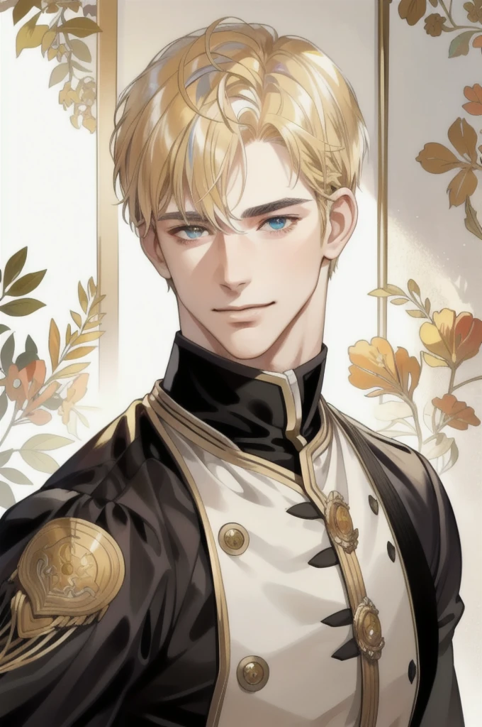 masterpiece, best quality, realistic, 1man, mature man, muscular tall, handsome, smile, closed mouth, portrait, extremely detailed face, (short hair), (golden hair), (heterochromia in eyes)