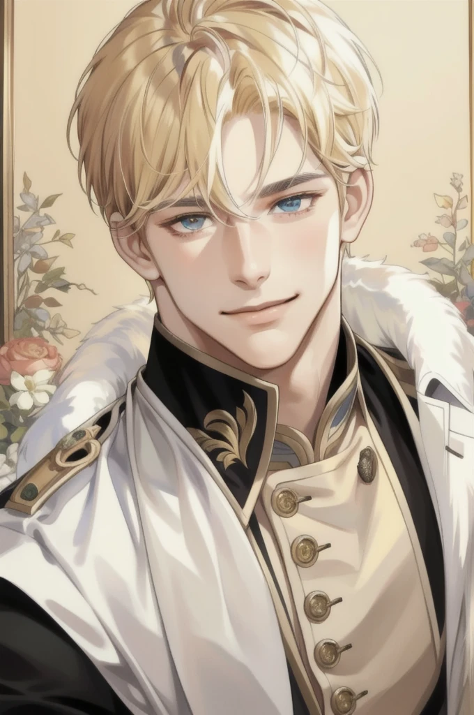 masterpiece, best quality, realistic, 1man, mature man, muscular tall, handsome, smile, closed mouth, portrait, extremely detailed face, (short hair), (golden hair), (heterochromia in eyes)