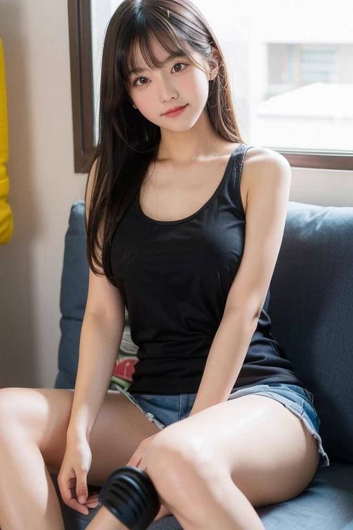 Sitting with legs crossed, Ecstatic expression, Cute junior high school girl, Looking at me, Sexy face, open legs, Wearing a tank top, Large breasts
