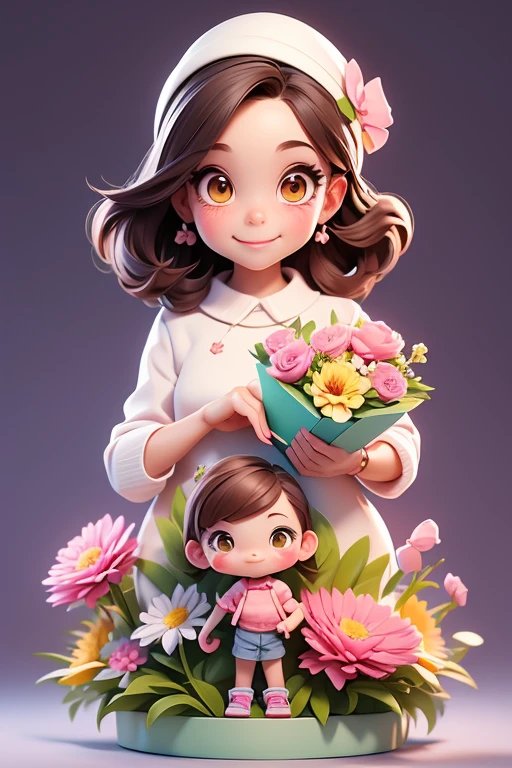 vector, clip art style, cute mother with daughter holding a gift box in his hands, cartoon illustration, watercolor, simple background, In a full growth of flowers and gifts. It's Mother's Day. Vector graphics, minimalism