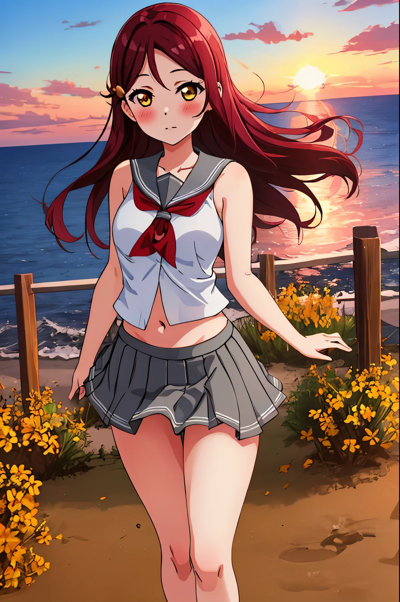 Masterpiece,best quality,Solo, cowboy shot,Sakurauchi riko, long hair, blush, love scene, skirt, sleeveless, pleated skirt, standing, serafuku, grey skirt, uranohoshi ,navel,thicc thighs ,sea in background, sunset time 