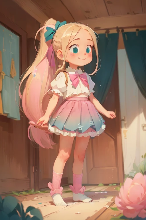((masterpiece, best quality), 1 Girl, Solitary, Blonde Hair, long hair, Dark Teal Ribbon, Ponytail, Nine years old, blue eyes, ((Pink skirt)), Puff sleeves, white tube socks, No shoes, Upper Body, looking at the audience, faint blush, Smile, Lively,
