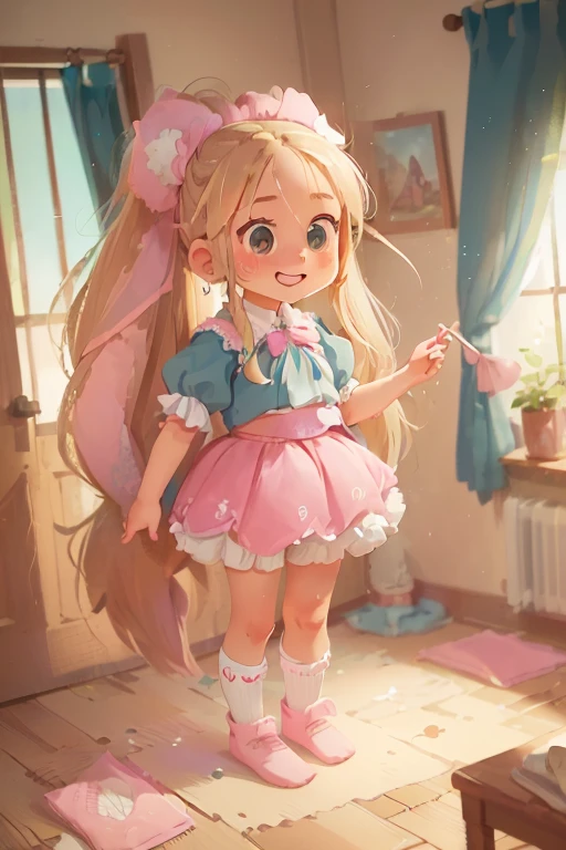 ((masterpiece, best quality), 1 Girl, Solitary, Blonde Hair, long hair, Dark Teal Ribbon, Ponytail, Nine , blue eyes, ((Pink skirt)), Puff sleeves, white tube socks, No shoes, Upper Body, looking at the audience, faint blush, Smile, Lively, 