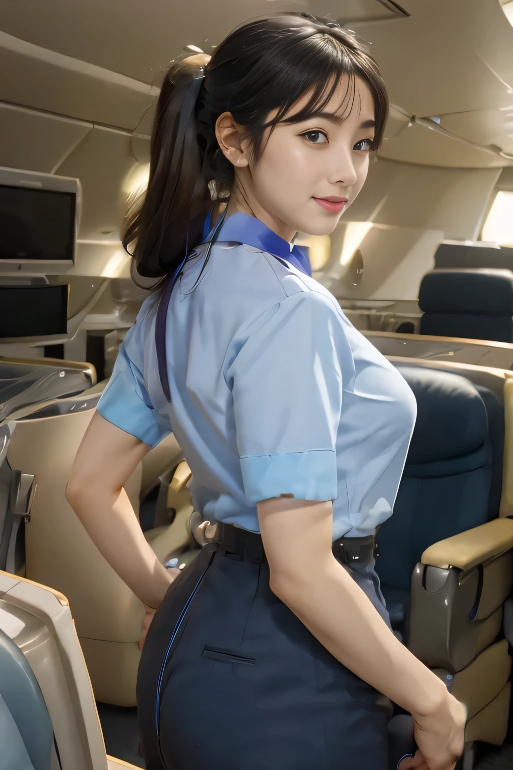 masterpiece:1.2、highest quality:1.2)、32K HDR、High resolution、(alone、1 girl、Slim figure)、(Realistic style wearing the ANA cabincrew uniform)、 (At the airport counter, Professional Lighting)、A proper woman, Beautiful Face,、(ANA cabincrew uniform)、(Short sleeve light blue blouse)、(ANA cabincrew uniform skirt)、(Scarf around the neck)、Big Breasts、(Long hair updo、Chignon)、Dark brown hair、Long Shot、((Fine hand:2.0))、((Harmonious body proportions:1.5))、((Normal limbs:2.0))、((Normal finger:2.0))、((Delicate eyes:2.0))、((Normal eyes:2.0)))、Beautiful back view、smile
