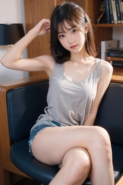 Sitting with legs crossed, Ecstatic expression, Cute girl, He is leaning forward and looking at me., Sexy face, With legs apart, Wearing a tank top, Large breasts