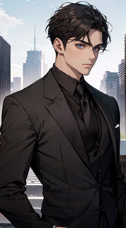 ((a young man in a black suit and tie)), taken in the early 2020s, gotham, alejandro, he looks very sophisticated, (((left side swept bang black short hair))), (dark green eyes and thick eyebrows), smirk. ((20 years old)), ((Black suite and black tie)), masterpiece, posture dynamic, one person,