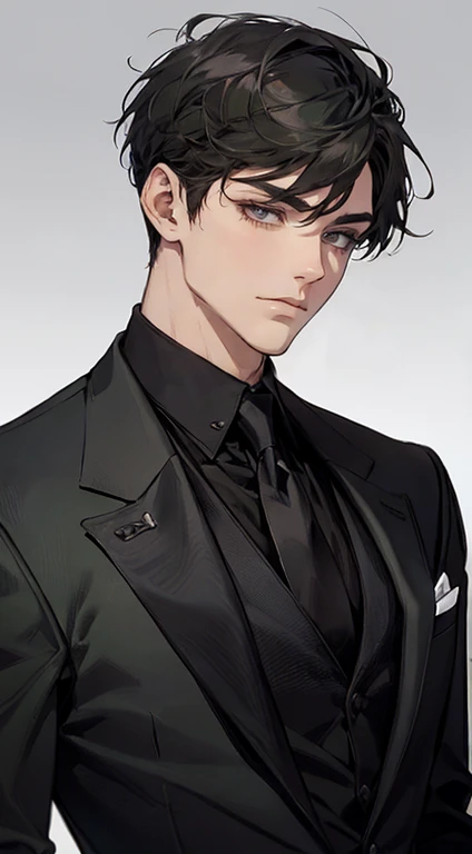 ((a young man in a black suit and tie)), taken in the early 2020s, gotham, alejandro, he looks very sophisticated, (((left side swept bang black short hair))), (dark green eyes and thick eyebrows), smirk. ((20 years old)), ((Black suite and black tie)), masterpiece, posture dynamic, one person,