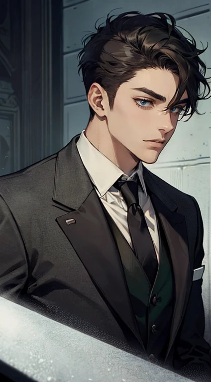 ((a young man in a black suit and tie)), taken in the early 2020s, gotham, alejandro, he looks very sophisticated, (((left side swept bang black short hair))), (dark green eyes and thick eyebrows), smirk. ((20 years old)), ((Black suite and black tie)), masterpiece, posture dynamic, one person,