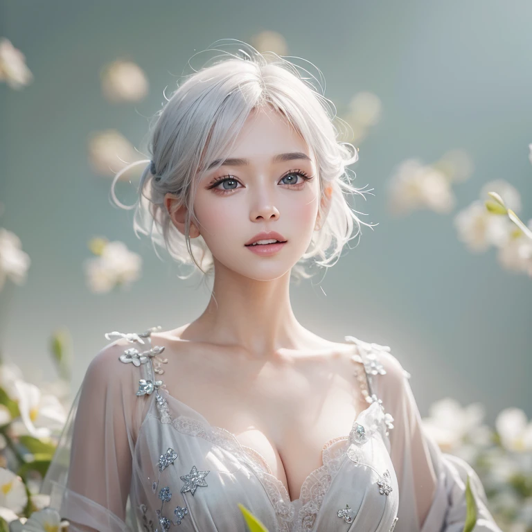 (masterpiece:1.3), (8k, Realistic, RAW Photos, Best image quality: 1.4), Fair-skinned fairy woman、short hair、Cleavage:2.0、Highly detailed face、Attention to detail、double eyelid、Sharp focus:1.2、Beautiful woman:1.4、Silvery white hair、highest quality、masterpiece、Ultra-high resolution、(Realistic:1.4)、Highly detailed and professionally lit smiles、Loose, Light, one person、whole body,　I eat breakfast 