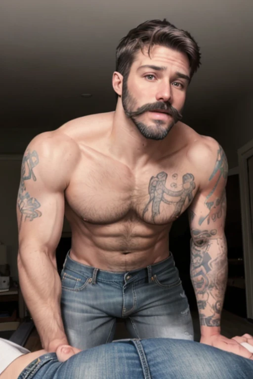 JordanBrandt, 45yo, short mustache and beard, wearing gray jeans, ((shirtless)), backside (((bent over)))