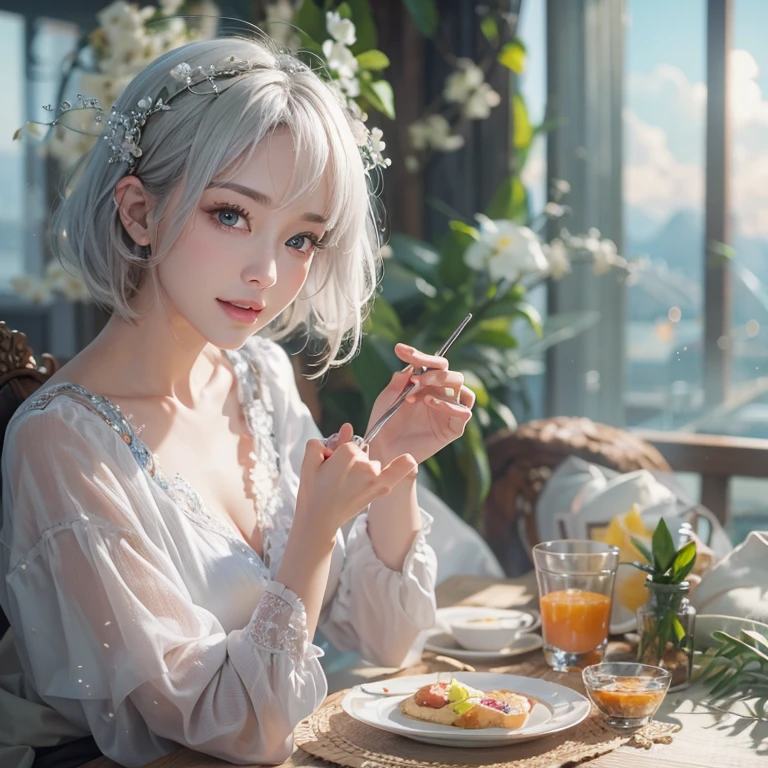 (masterpiece:1.3), (8k, Realistic, RAW Photos, Best image quality: 1.4), Fair-skinned fairy woman、short hair、Cleavage:2.0、Highly detailed face、Attention to detail、double eyelid、Sharp focus:1.2、Beautiful woman:1.4、Silvery white hair、highest quality、masterpiece、Ultra-high resolution、(Realistic:1.4)、Highly detailed and professionally lit smiles、Loose, Light,Japanese high 、 one person、whole body,　I eat breakfast 