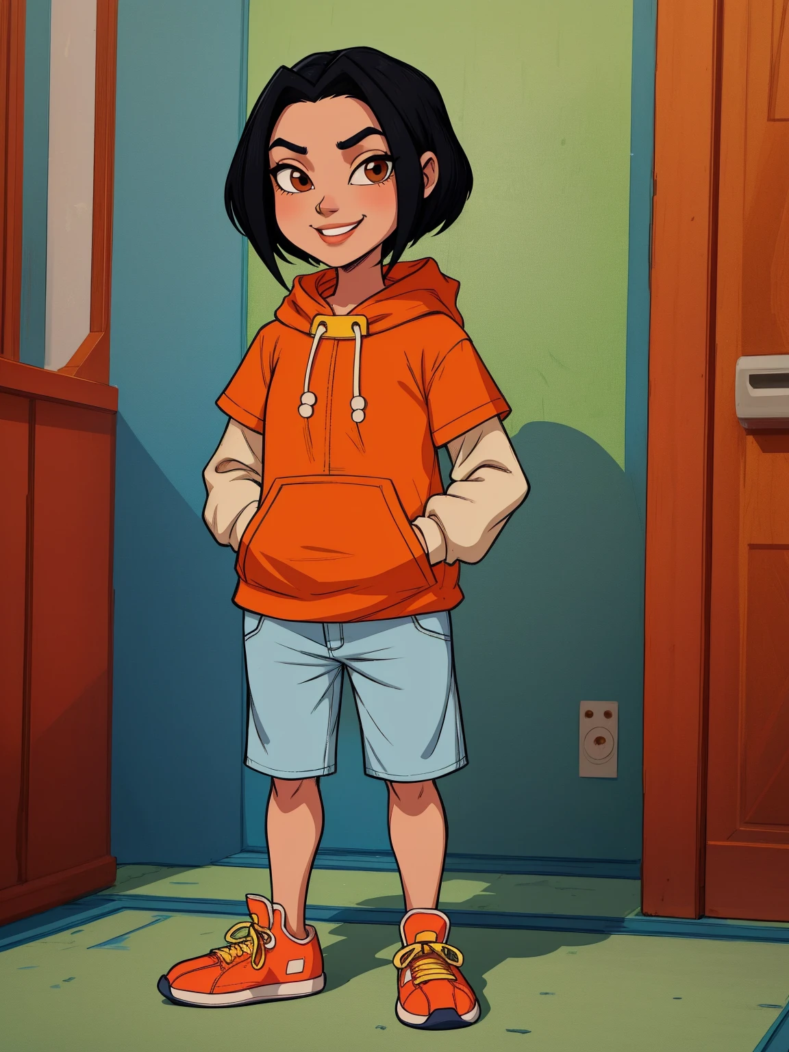 jadechan, short black hair, brown eyes, hands in pockets, upper body, smiling, JaOran, orange short sleeved hoodie, white long sleeves, hood down, sneakers , blue pants, cartoon Hong Kong, morning, full body, little_child,
 (insanely detailed, beautiful detailed face, masterpiece, best quality)
 