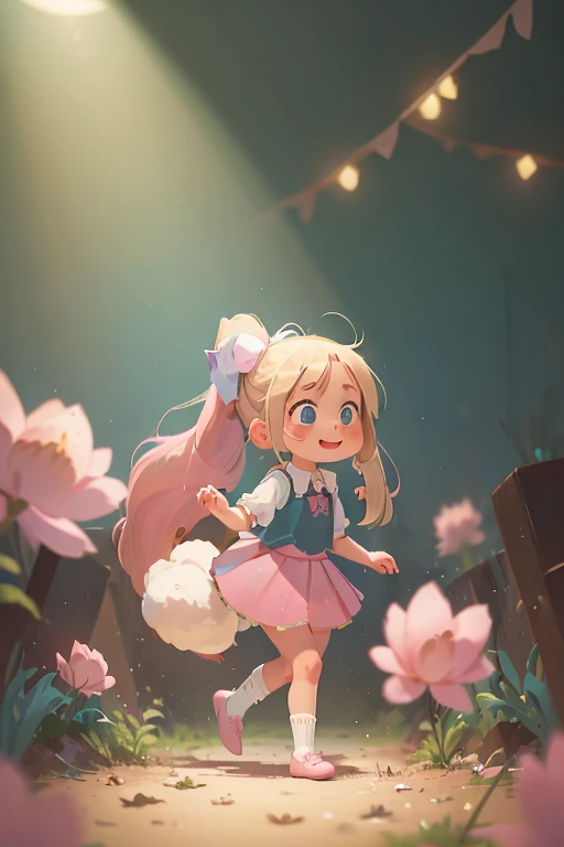 1 Girl, Solitary, Blonde Hair, long hair, Dark Teal Ribbon, Ponytail, Nine years old, blue eyes, ((Pink skirt)), Puff sleeves, white tube socks, No shoes, Upper Body, looking at the audience, faint blush, Smile, Lively, Plus a little white rabbit