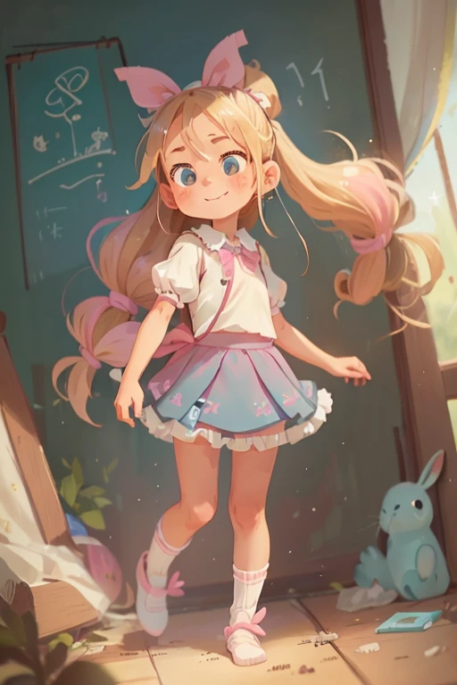 1 Girl, Solitary, Blonde Hair, long hair, Dark Teal Ribbon, Ponytail, Nine years old, blue eyes, ((Pink skirt)), Puff sleeves, white tube socks, No shoes, Upper Body, looking at the audience, faint blush, Smile, Lively, Plus a little white rabbit