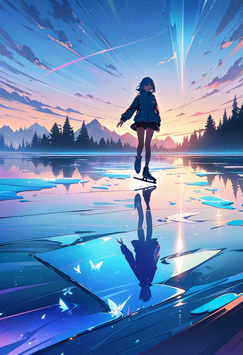 ice skater at sunset, anime girl with light blue hair and blue eyes, wearing a short dress and ice skates, skating on ice, gliding on ice, abstract, colors (blue and silver), butterflies, scenic, scenery, masterpiece, best quality, cinematic lighting, reflection, ice, shade, shadows, wallpaper, very detailed, illustration
