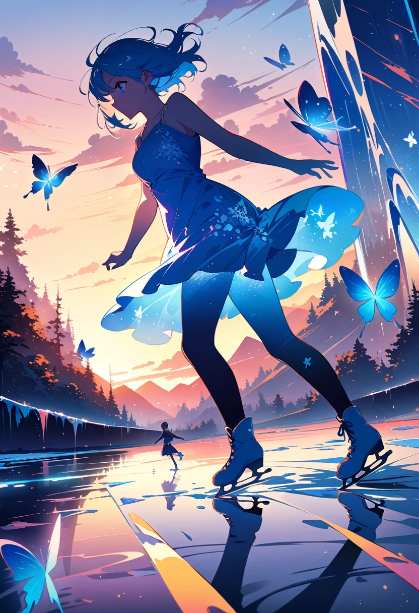 ice skater at sunset, anime girl with light blue hair and blue eyes, wearing a short dress and ice skates, skating on ice, gliding on ice, abstract, colors (blue and silver), butterflies, scenic, scenery, masterpiece, best quality, cinematic lighting, reflection, ice, shade, shadows, wallpaper, very detailed, illustration