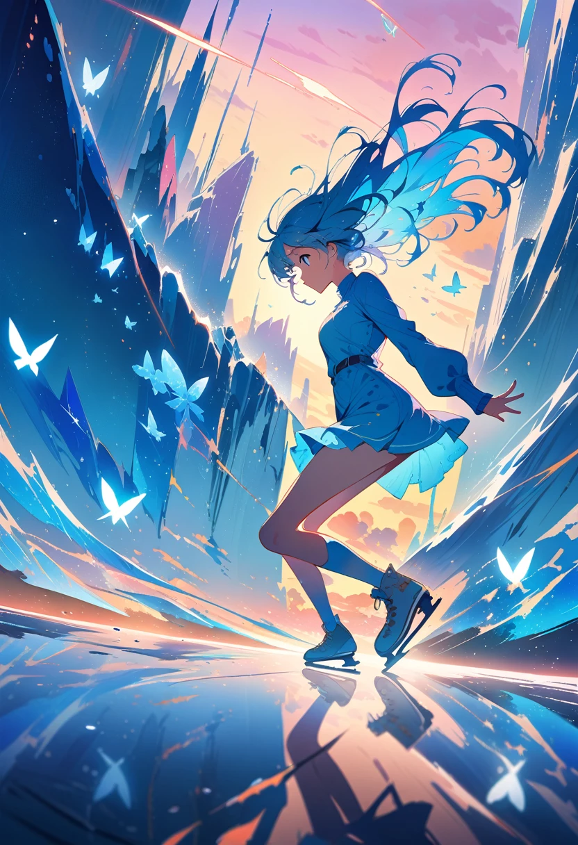 ice skater at sunset, anime girl with light blue hair and blue eyes, wearing a short dress and ice skates, skating on ice, gliding on ice, abstract, colors (blue and silver), butterflies, scenic, scenery, masterpiece, best quality, cinematic lighting, reflection, ice, shade, shadows, wallpaper, very detailed, illustration