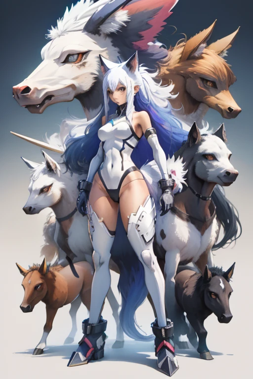 (Fox Girl, Fox Ears, Silver Hair, Fox Makeup, One Woman, Long Hair:1.6), (mecha musume, Machinery Parts,Robot Joints, Red clothes, Full Body Suit:1.8), (Body measurements are 75-60-75!, Young girl body, Small breasts, Emphasize the chest, Standing posture, Plump, muscle:1.9), Avatar, face, lewd face, Dominant representation, naughty face, Uplifting, Skin Texture, outside, Grassy field