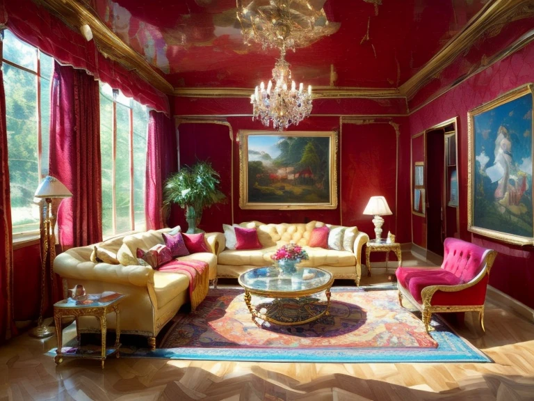 (a refined rétaurant room experience), a girl stepped into the living room, feeling as if she entered an exquisite art gallery. The ceiling is high, adorned with modernist oil paintings that are vibrant and full of life. The sofa is upholstered with top-grade velvet material, providing a touch as soft as silk. Cloud-shaped chandeliers and marble sculptures intertwine, creating an atmosphere of art and luxury. The decorative pieces are thoughtfully arranged, each resembling a masterpiece created by an artist. In this meticulously designed space, I couldn't help but be captivated by the unique charm of art. (best quality,4k,8k,highres,masterpiece:1.2),ultra-detailed,(realistic,photorealistic,photo-realistic:1.37), sophisticated colors, vivid hues, studio lighting