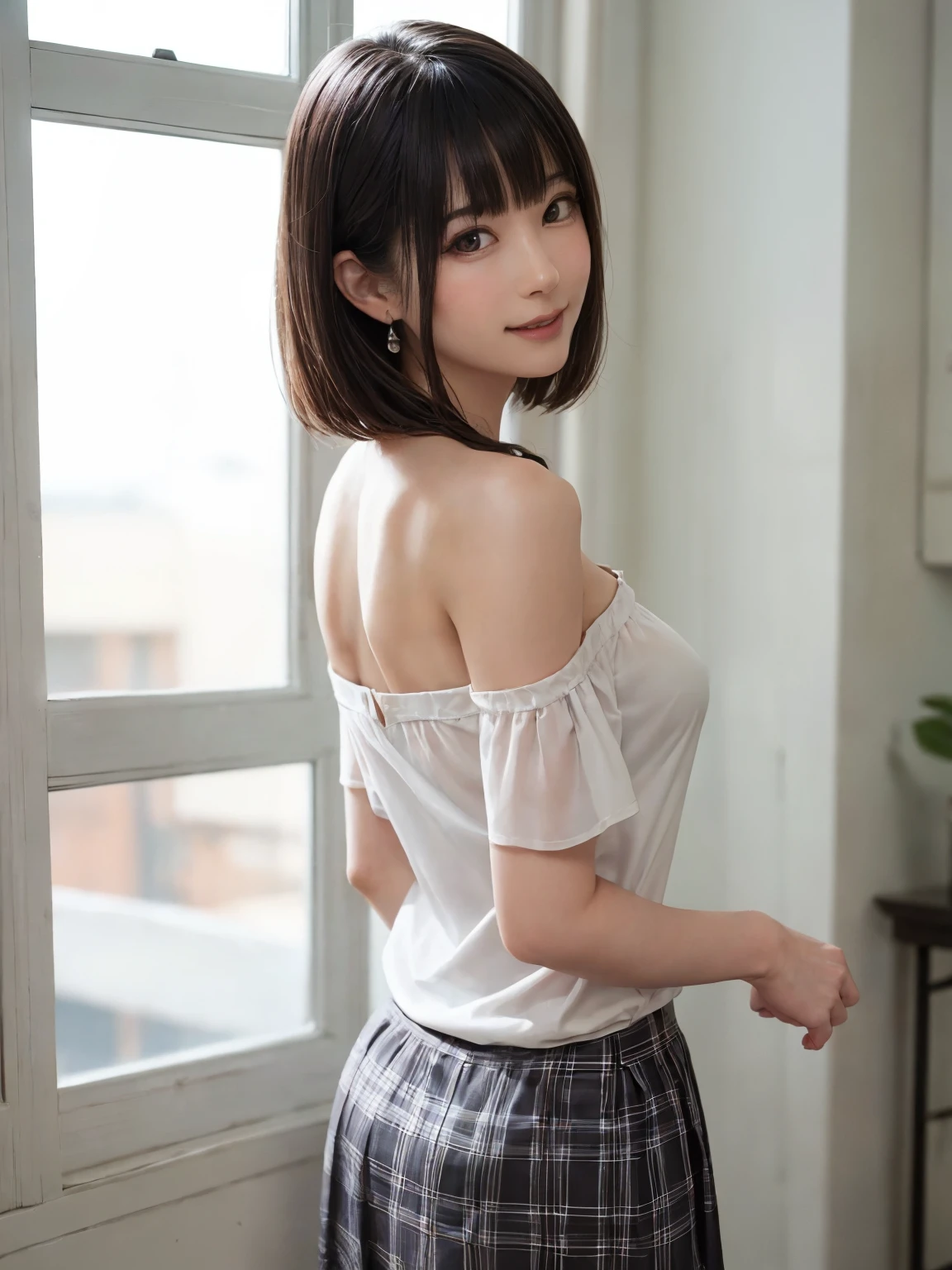 (From the back:1.4、Tabletop:1.4、highest quality:1.4、Best image quality:1.4、Cute beautiful adult woman, Adult smile:1.4、Beautiful Teeth、Lip gloss、Short Brunette Bob、Shiny shiny hair、Has shiny bangs:1.4、bangs:1.4、length, shiny shorthair、length neck:1.4、Show me your ears、Tall Supermodels、Broad shouldered supermodel、{Huge|big|Huge|Mega} ?????, Beautiful ????? have cleavage)、(very beautiful back、Cute school girl、Off-the-shoulder white see-through shirt、Checkered sheer loop pleated short skirt、28 years old)、Very cute and attractive woman