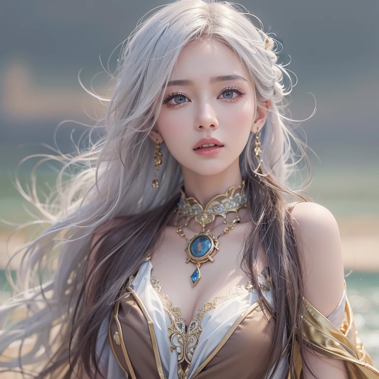 (masterpiece:1.3), (8k, Realistic, RAW Photos, Best image quality: 1.4), Fair-skinned fairy woman、Long Hair、Cleavage:2.0、Highly detailed face、Attention to detail、double eyelid、Chest to chest、Sharp focus:1.2、Beautiful woman:1.4、Silvery white hair、highest quality、masterpiece、超A high resolution、(Realistic:1.4)、Highly detailed and professionally lit smiles、Loose, Light, steampunk、Shoulders out、thin、Serious expression、Short-haired、Deadly position, one person、whole body,Walking on the beach、Gorgeous Necklace、