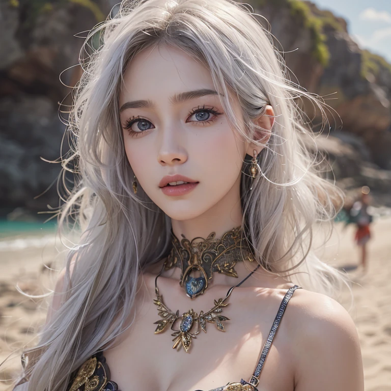 (masterpiece:1.3), (8k, Realistic, RAW Photos, Best image quality: 1.4), Fair-skinned fairy woman、Long Hair、Cleavage:2.0、Highly detailed face、Attention to detail、double eyelid、Chest to chest、Sharp focus:1.2、Beautiful woman:1.4、Silvery white hair、highest quality、masterpiece、超A high resolution、(Realistic:1.4)、Highly detailed and professionally lit smiles、Loose, Light, steampunk、Shoulders out、thin、Serious expression、Short-haired、Deadly position, one person、whole body,Walking on the beach、Gorgeous Necklace、