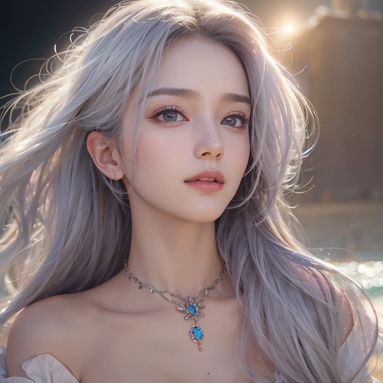 (masterpiece:1.3), (8k, Realistic, RAW Photos, Best image quality: 1.4), Fair-skinned fairy woman、Long Hair、Cleavage:2.0、Highly detailed face、Attention to detail、double eyelid、Chest to chest、Sharp focus:1.2、Beautiful woman:1.4、Silvery white hair、highest quality、masterpiece、超A high resolution、(Realistic:1.4)、Highly detailed and professionally lit smiles、Loose, Light, steampunk、Shoulders out、thin、Serious expression、Short-haired、Deadly position, one person、whole body,Walking on the beach、Gorgeous Necklace、