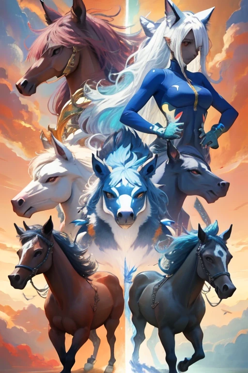 animal illustrations,mixed species,different kinds of animals,various species,diverse animals,digimon evolution，Ultimate Evolution，perfect body，ultimate body，horse，There is personification，digimon evolution，Ultimate Evolution，perfect body，ultimate body，horse，There is personification