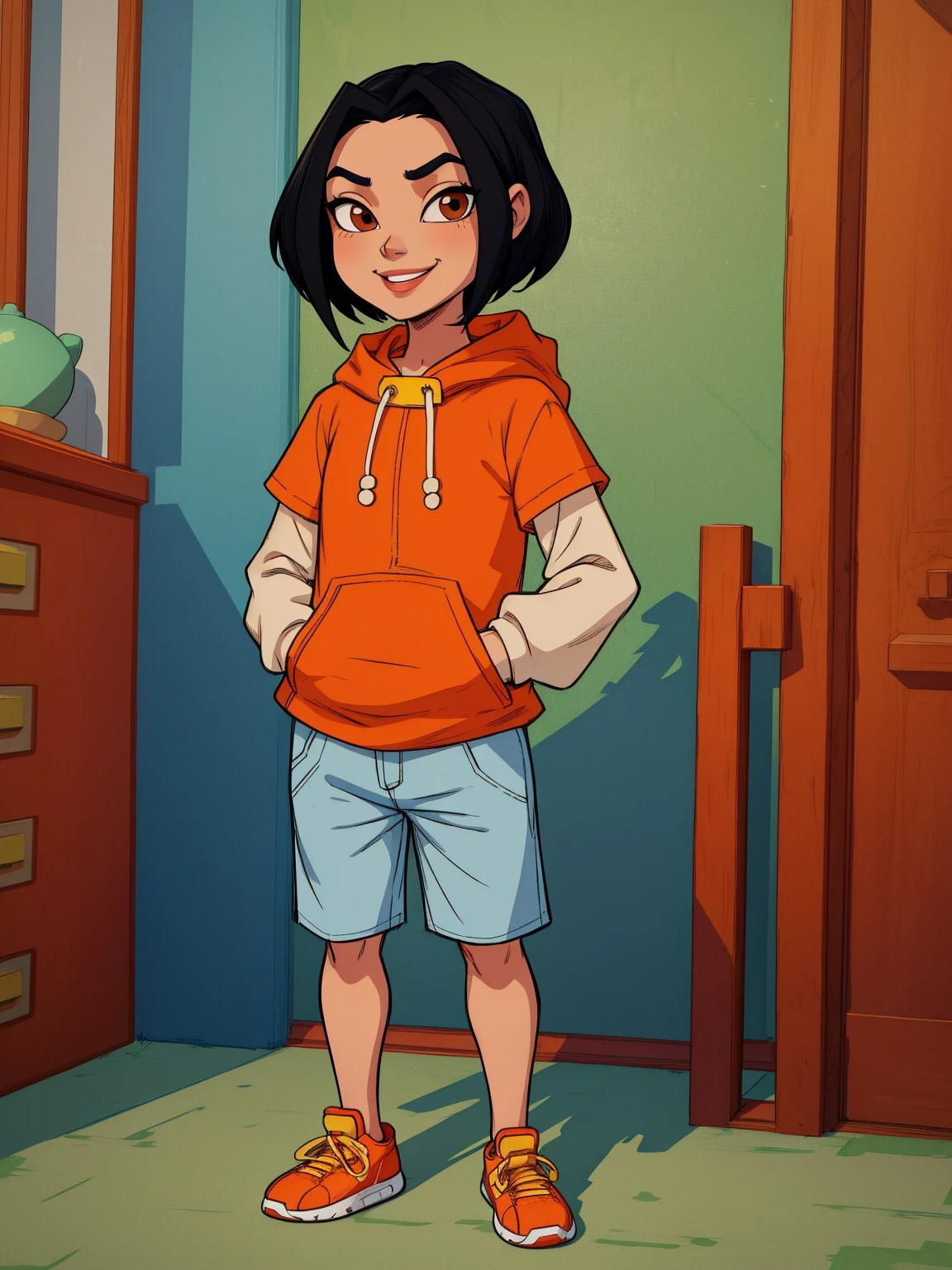 jadechan, short black hair, brown eyes, hands in pockets, upper body, smiling, JaOran, orange short sleeved hoodie, white long sleeves, hood down, sneakers , blue pants, cartoon Hong Kong, morning, full body, little_child, small_body, flat torso,
 (insanely detailed, beautiful detailed face, masterpiece, best quality)
 