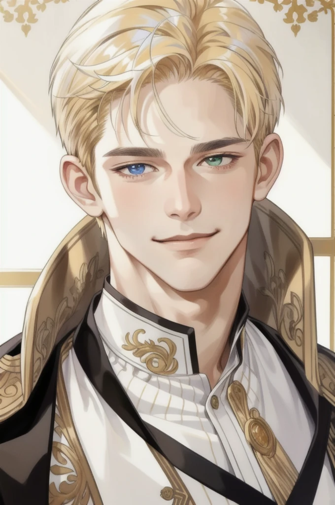 masterpiece, best quality, realistic, 1man, mature man, muscular tall, handsome, smile, closed mouth, portrait, extremely detailed face, (short hair), (golden hair), (heterochromia in eyes)