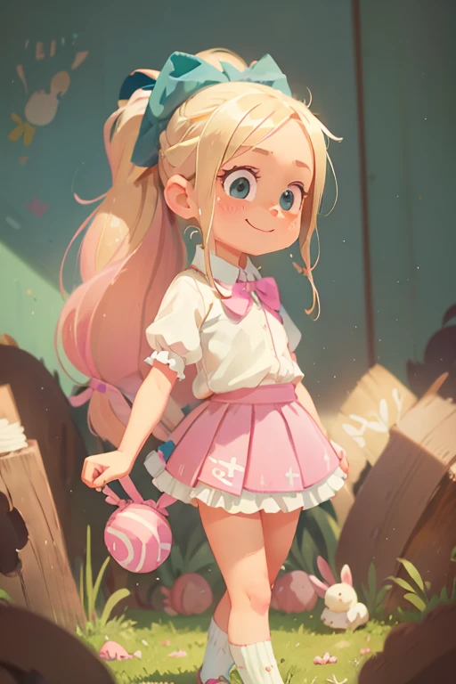 1 Girl, Solitary, Blonde Hair, long hair, Dark Teal Ribbon, Ponytail, Nine years old, blue eyes, ((Pink skirt)), Puff sleeves, white tube socks, No shoes, Upper Body, looking at the audience, faint blush, Smile, Lively, Plus a little white rabbit wearing a suit and holding a watch