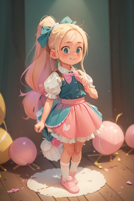 1 Girl, Solitary, Blonde Hair, long hair, Dark Teal Ribbon, Ponytail, Nine years old, blue eyes, ((Pink skirt)), Puff sleeves, white tube socks, No shoes, Upper Body, looking at the audience, faint blush, Smile, Lively, Plus a little white rabbit wearing a suit and holding a watch