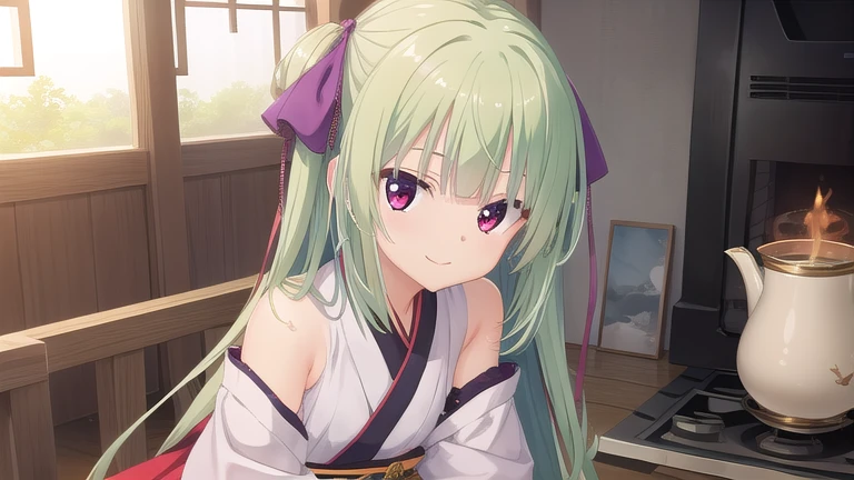 ((masterpiece)),(best quality),Official Art,Extremely detailed CG,Unity 8k Wallpaper,Super detailed,Beautiful and delicate eyes,Extremely detailed face,1 girl,solitary,,(whole body:1.5),(small:1.3),Smile,,Murasame,Very long hair,Green Hair,Face Up,Purple bow,hairpin,Side chains,Bangs,Red Eyes,Neck strap,Red belt,Elegant and beautiful,Cloud sleeve hanfu,Kasuga Lingnan,The bamboo in front of the window is like a cloud,The sweet words of spring birds are only heard。Sit up firmly after sleeping,But put the tea bowl against the stove and smoke it。