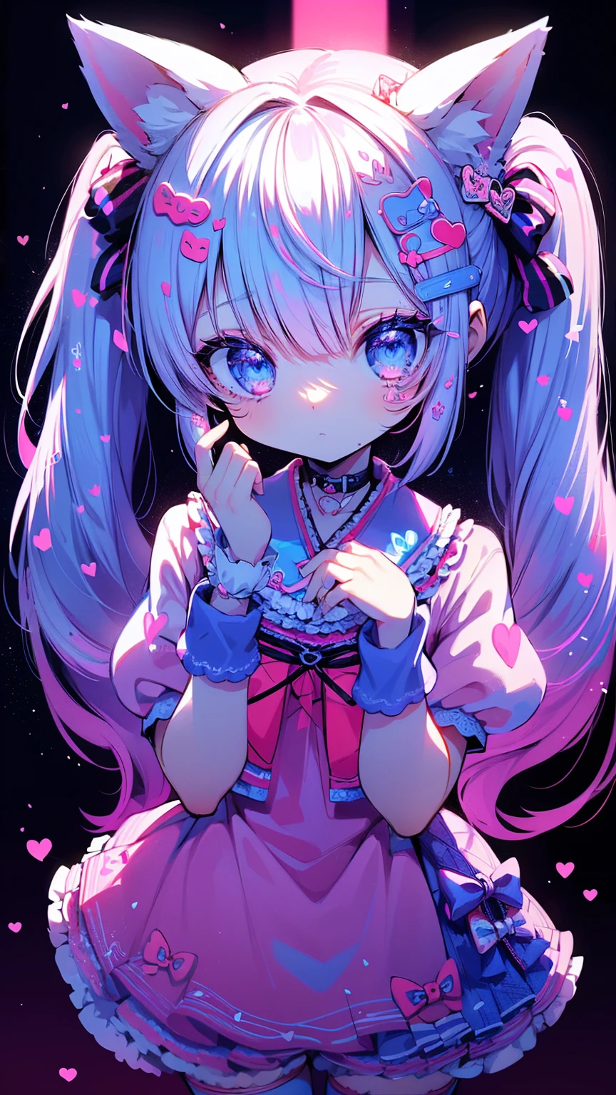 official art, masterpiece, sharp focus, (beautiful gorgeous cute Korean woman:1.3), (beautiful cute korean:1.3), korean beauty, Delicate and beautiful hair and eyes and face, realistic, ultra detailed, beautiful girl, blue sky, glow white particle, A single girl with a decora street fashion-inspired look, rocking a crazy harajuku style. She wears legwarmers and big platform shoes, and has her hair styled in adorable pigtails. The scene is set at nighttime, hairpins, accesories, bunny ears with pattern inside, striped, long socks, pale skin, hair ornament, epic scenery,
