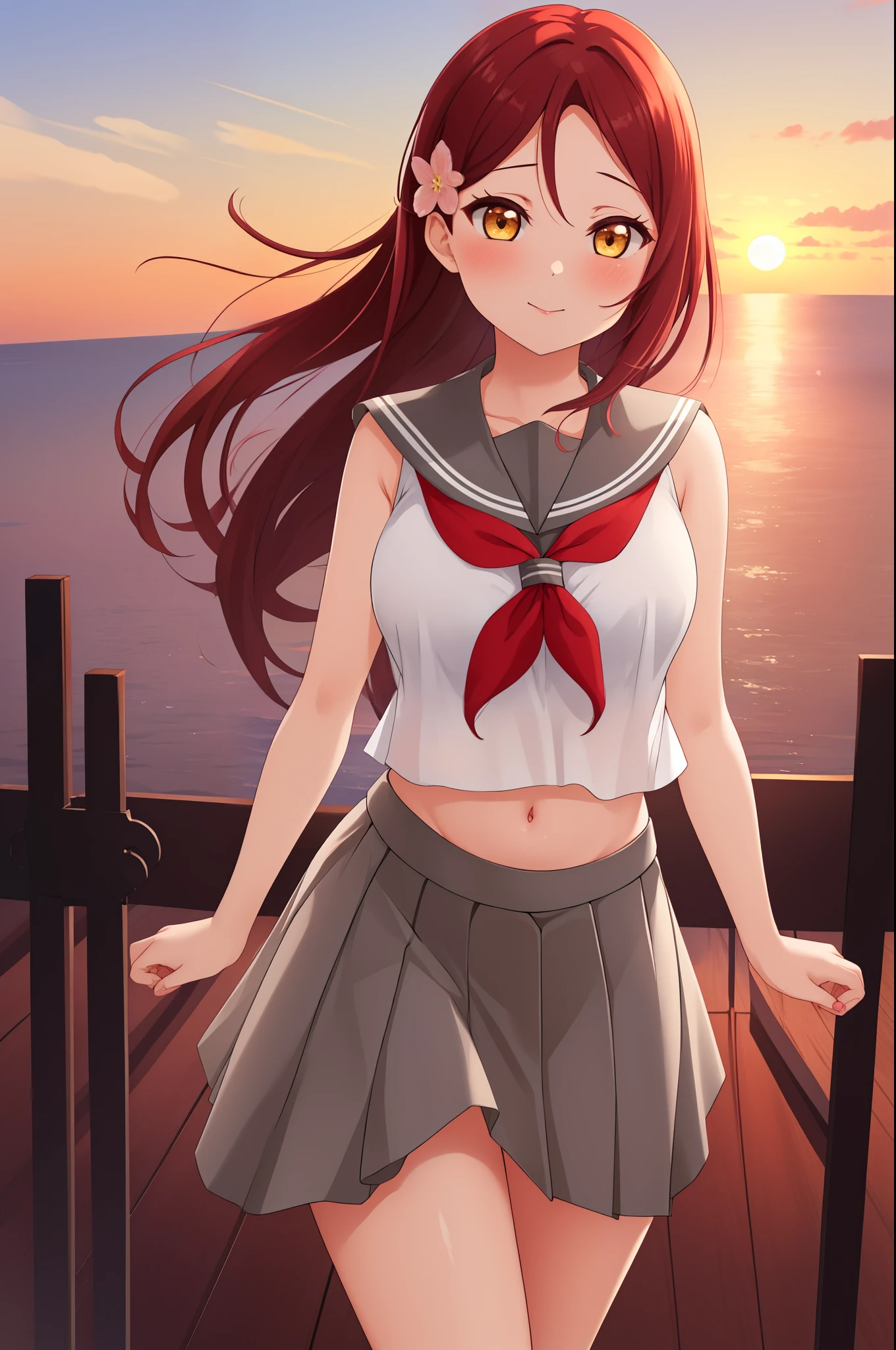 Masterpiece,best quality,Solo, cowboy shot,Sakurauchi riko, long hair, blush, love scene, skirt, sleeveless, pleated skirt, standing, serafuku, grey skirt, uranohoshi ,navel,thicc thighs ,sea in background, sunset time 